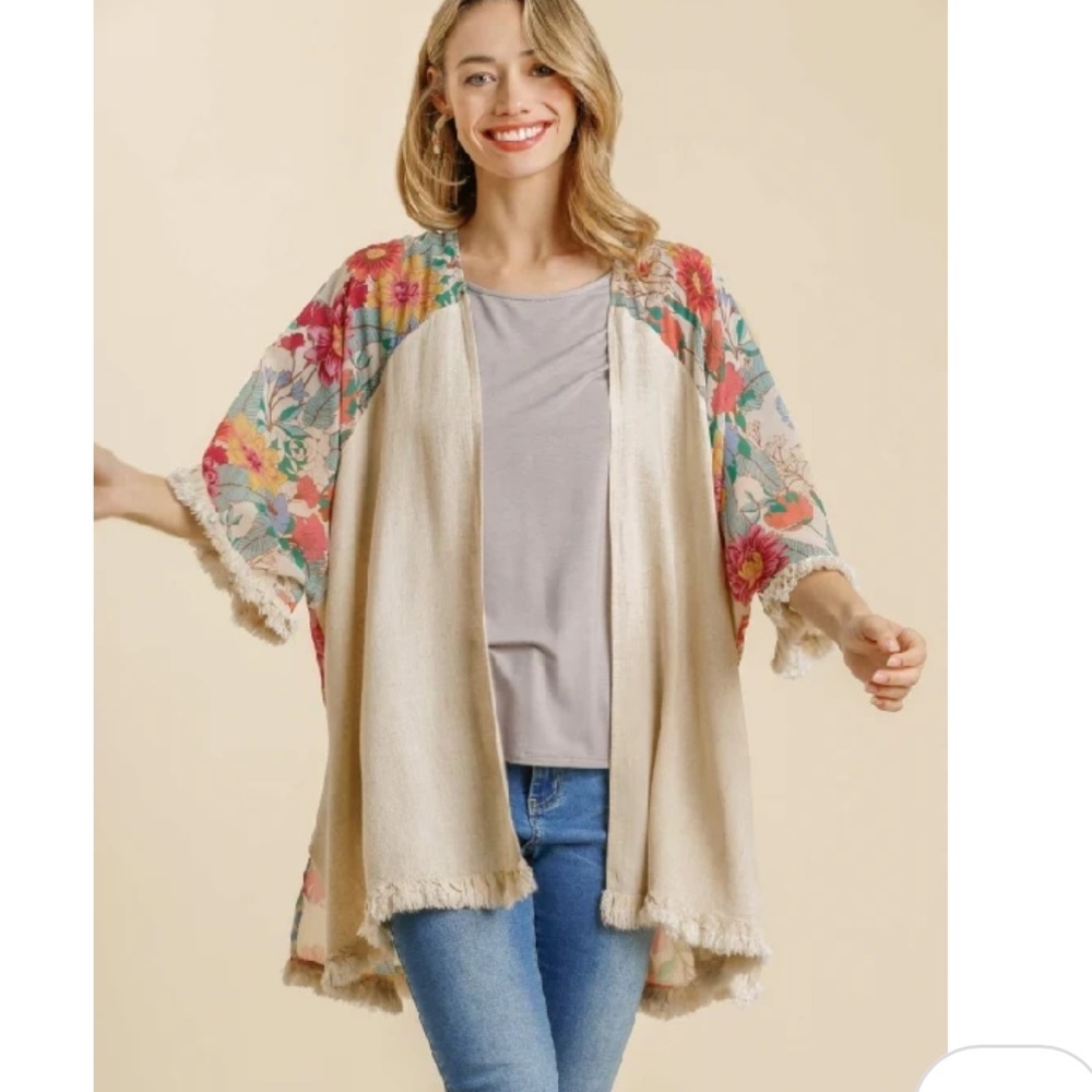 Umgee Coral Floral Kimono Duster Fringe Trim Boho Cardigan Size Small / Medium - Picture 12 of 13